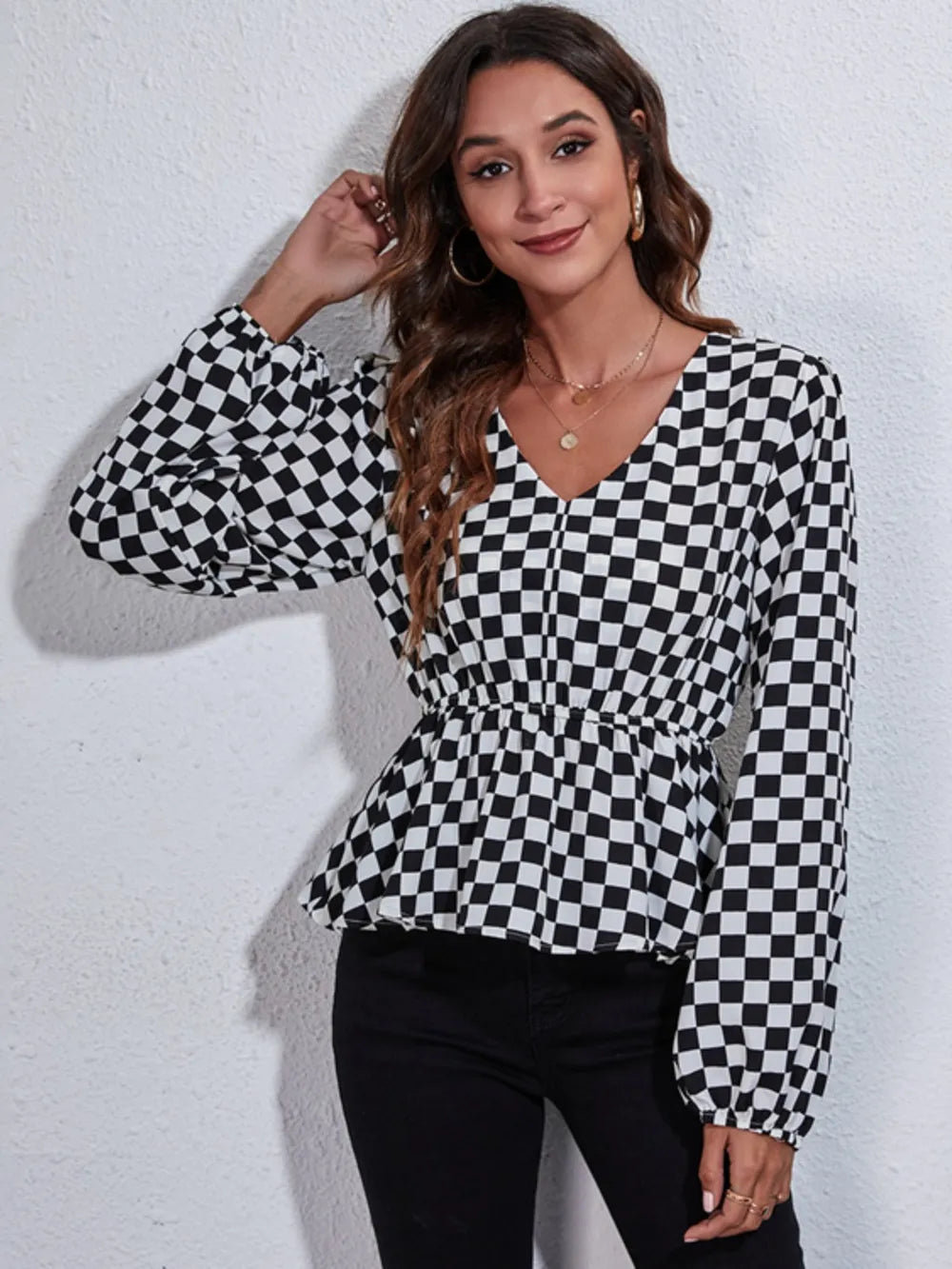 Checkered V-Neck Balloon Sleeve Peplum Blouse nicholesgifts