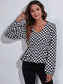 Checkered V-Neck Balloon Sleeve Peplum Blouse nicholesgifts