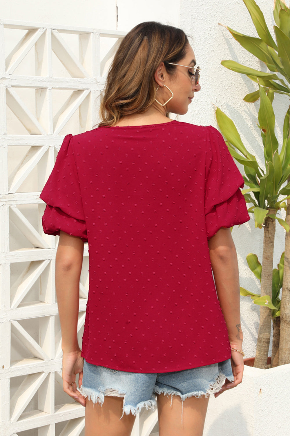 Swiss Dot V-Neck Short Sleeve Blouse nicholesgifts