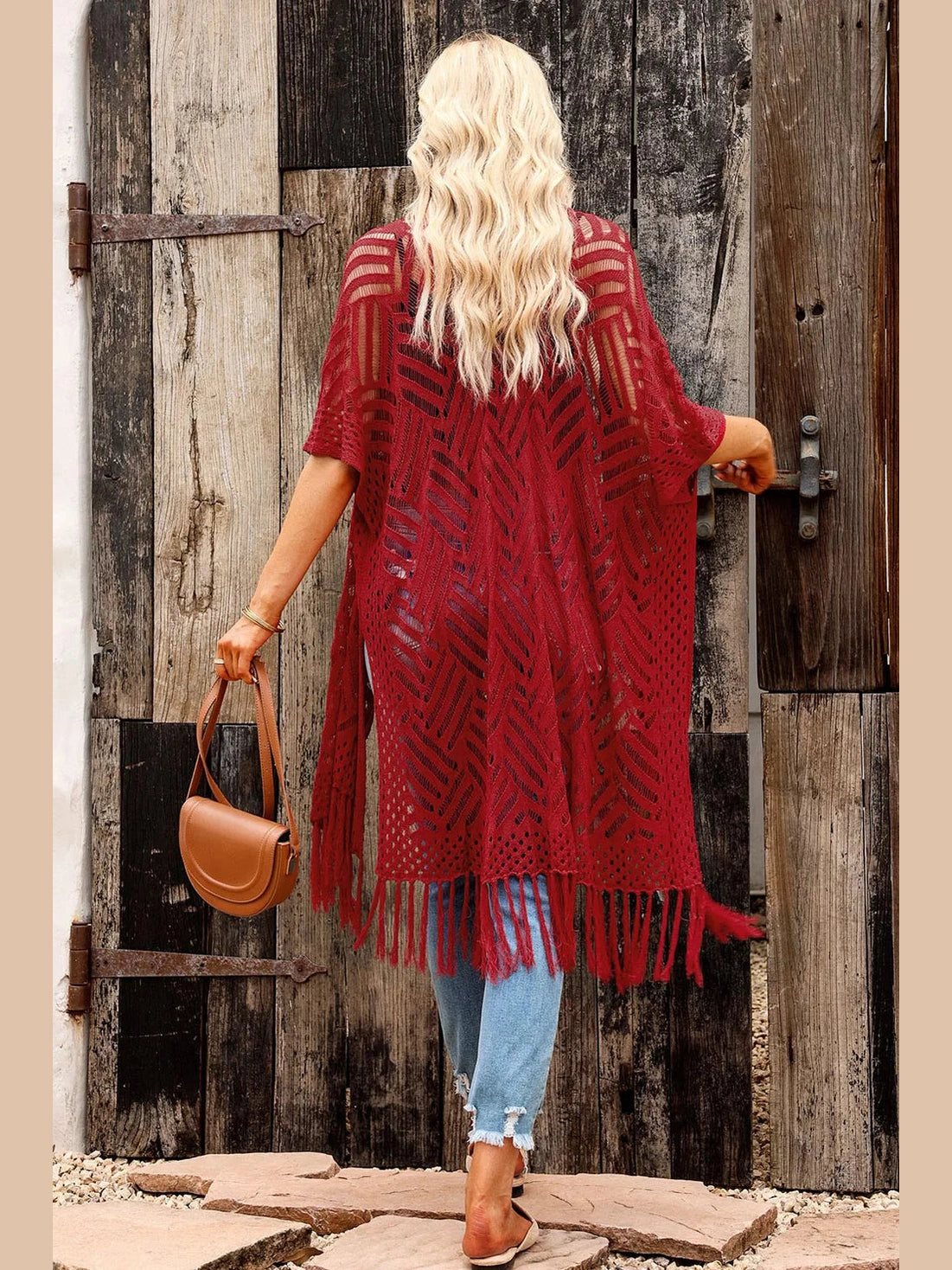 Openwork Open Front Cardigan with Fringes nicholesgifts