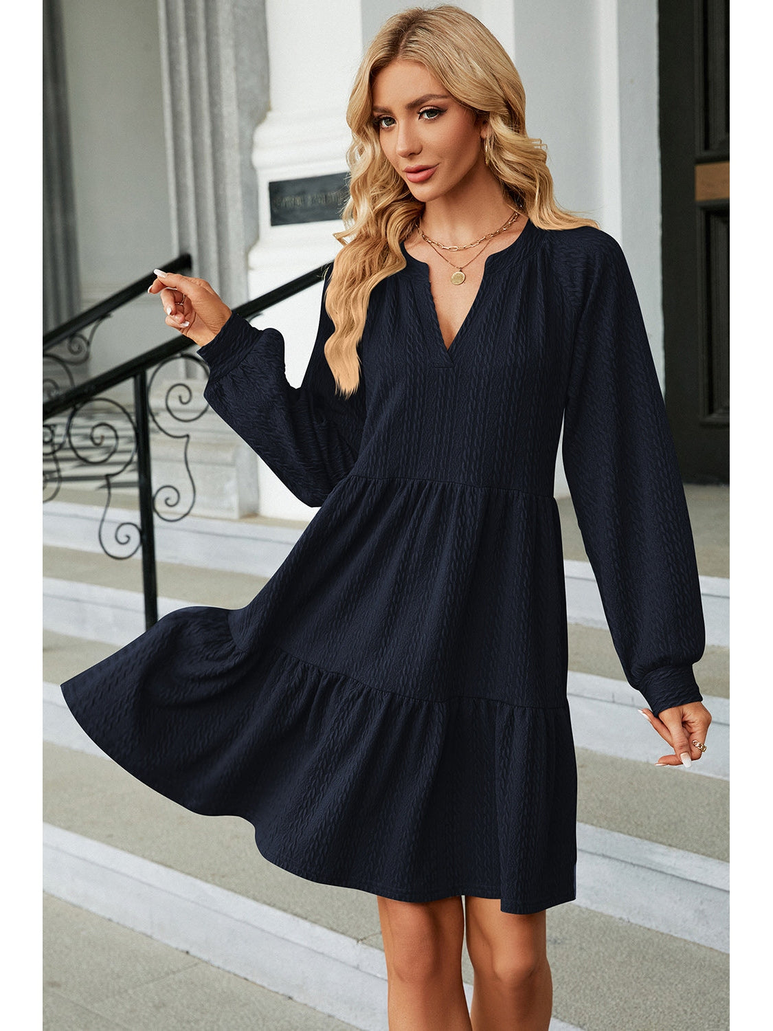 Ruched Notched Long Sleeve Mini Dress nicholesgifts