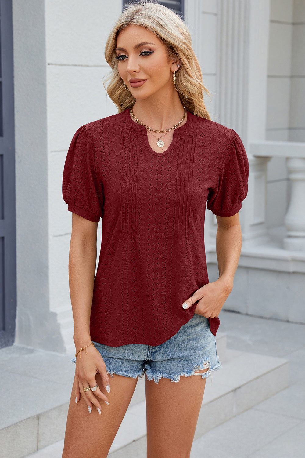 Eyelet Notched Puff Sleeve Blouse nicholesgifts