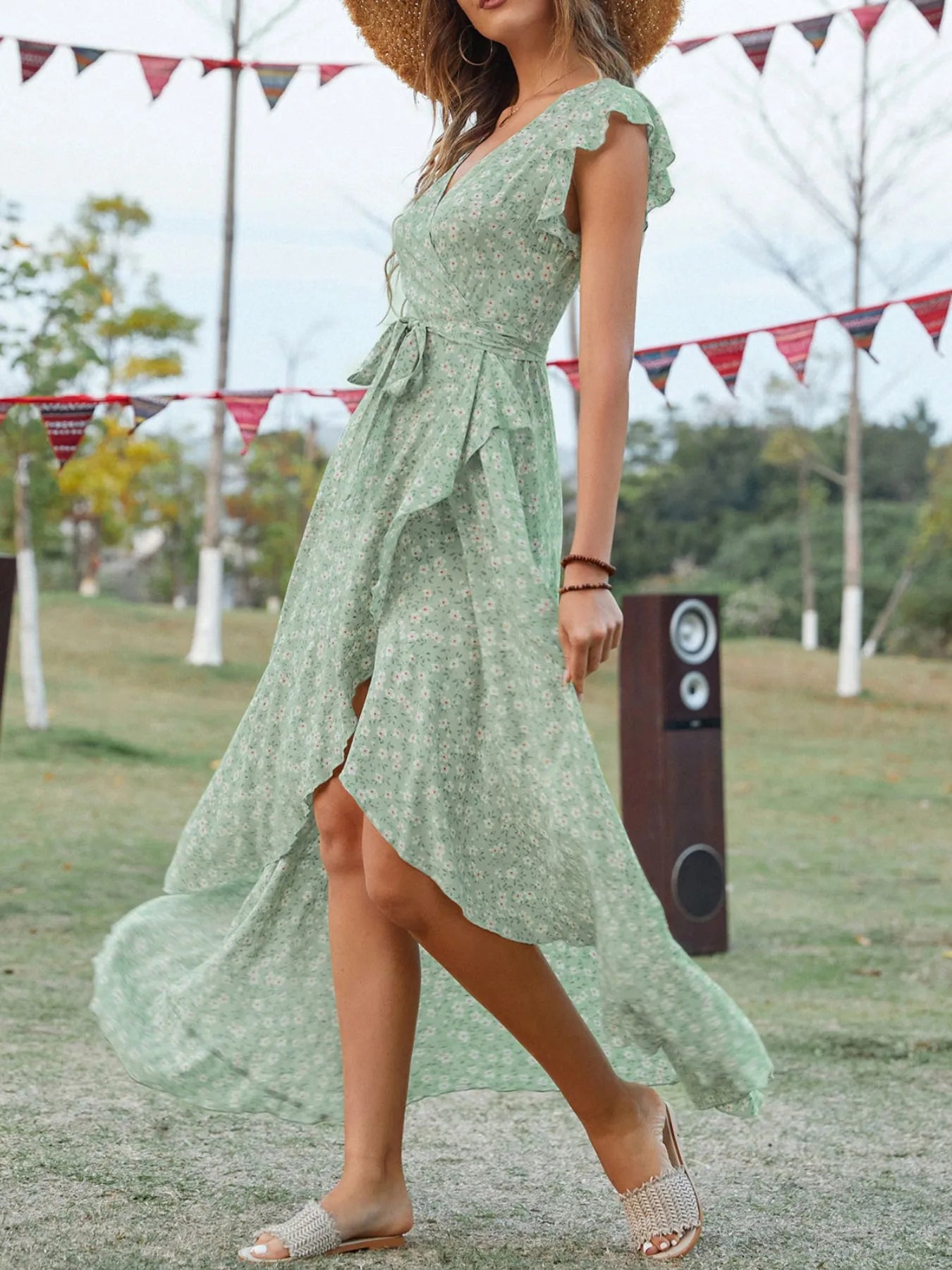 Printed Surplice Ruffle Sleeve Dress NicholesGifts