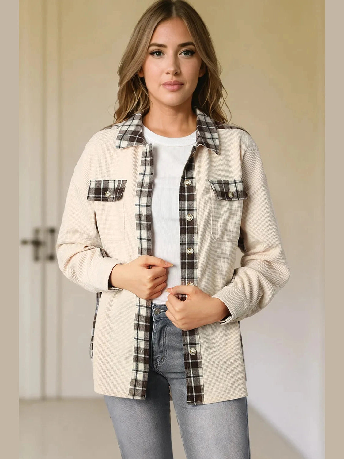 Plaid Button Down Collared Jacket nicholesgifts