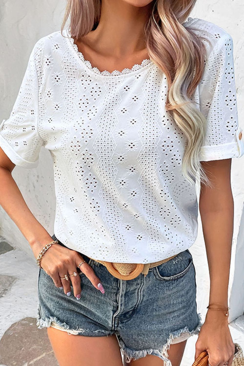 Eyelet Short Sleeve Double-Sided Shirt nicholesgifts