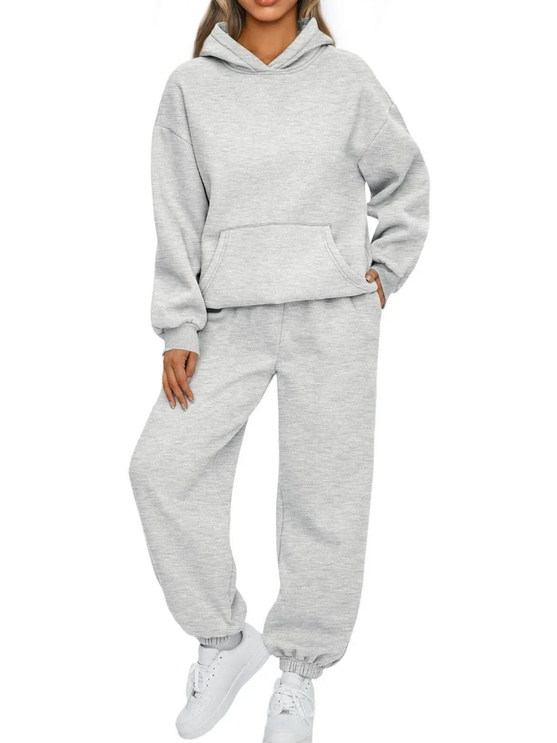 Full Size Kangaroo Pocket Hoodie and Joggers Set Plus Size Trendsi