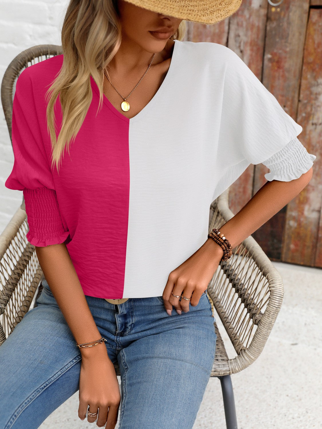 Women Contrast V-Neck Lantern Sleeve Blouse nicholesgifts