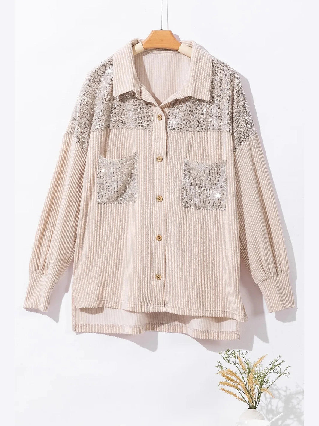 Sequin Button Up Dropped Shoulder Jacket nicholesgifts
