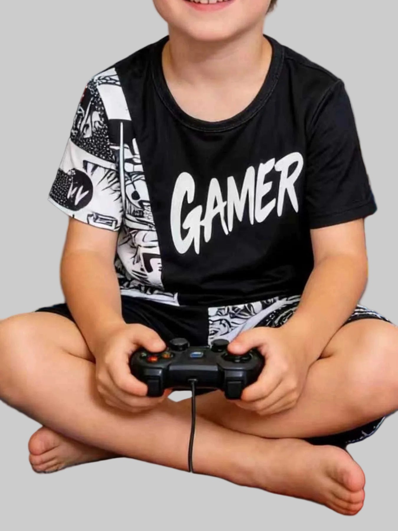 Children's Gamer Print Round Neck Tee and Shorts Set nicholesgifts