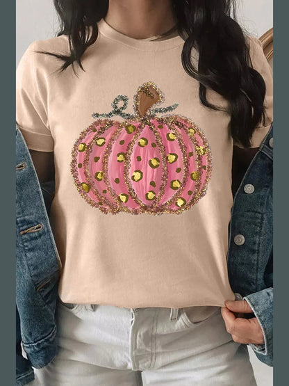 Pumpkin Round Neck Short Sleeve T-Shirt nicholesgifts