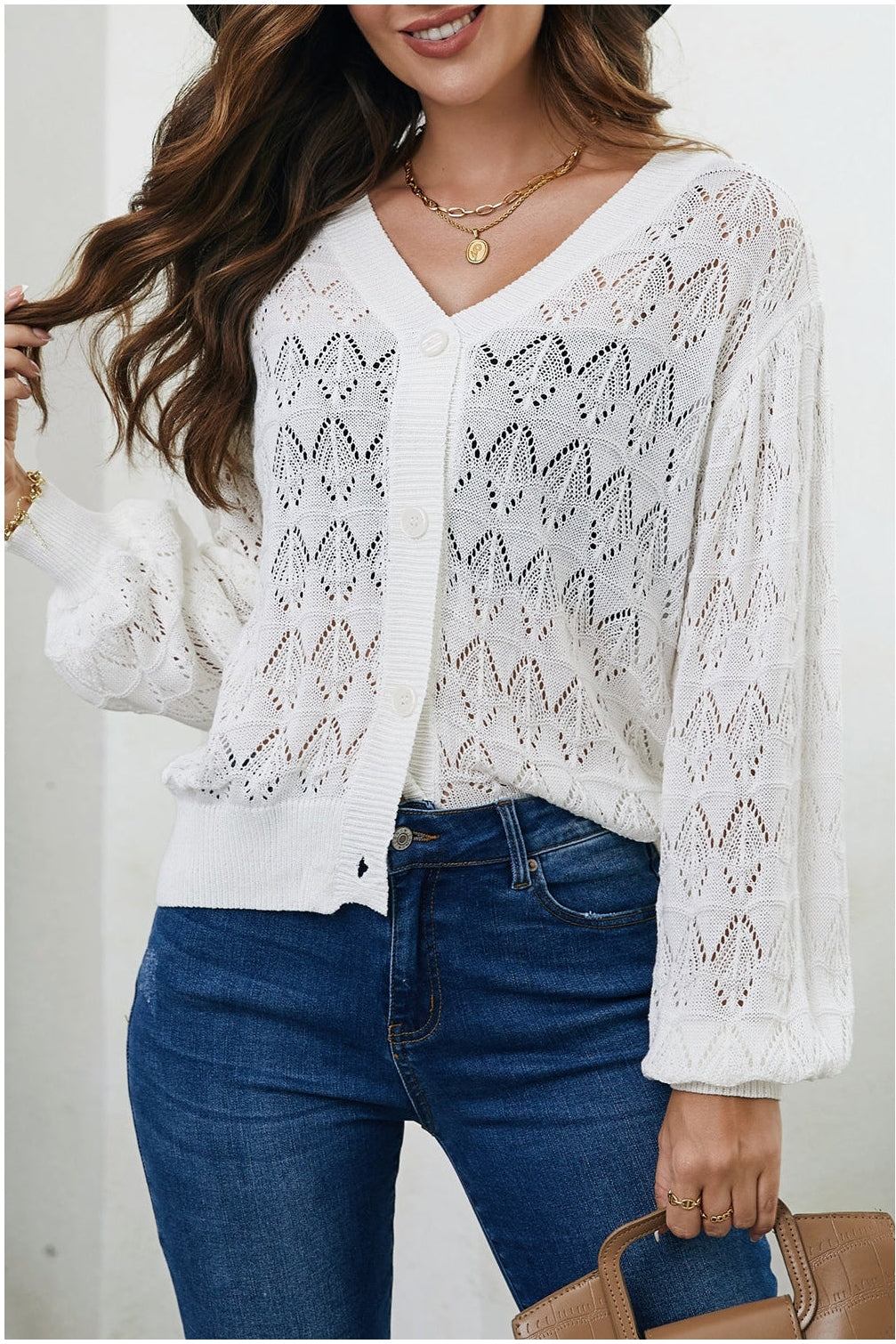 Openwork V-Neck Cardigan nicholesgifts