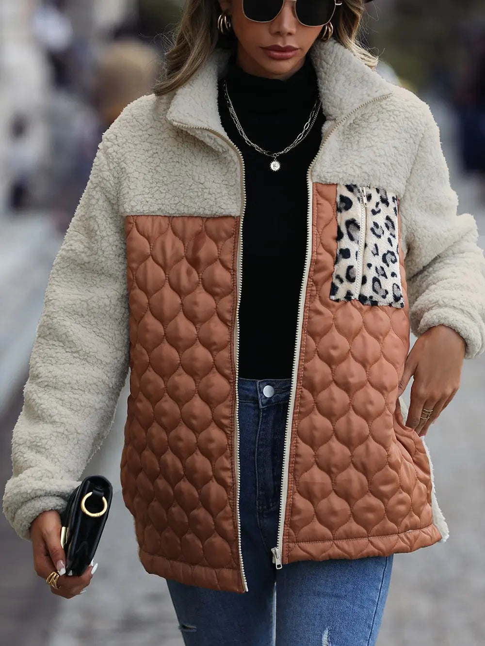 Leopard Color Block Zip-Up Jacket nicholesgifts