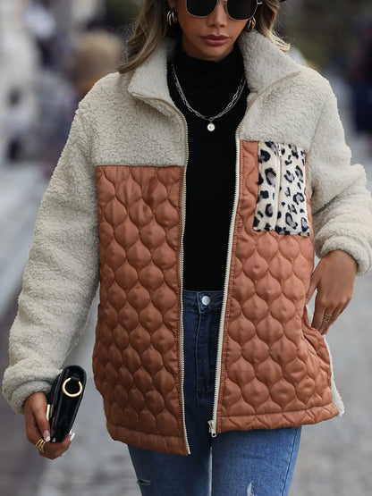 Leopard Color Block Zip-Up Jacket nicholesgifts
