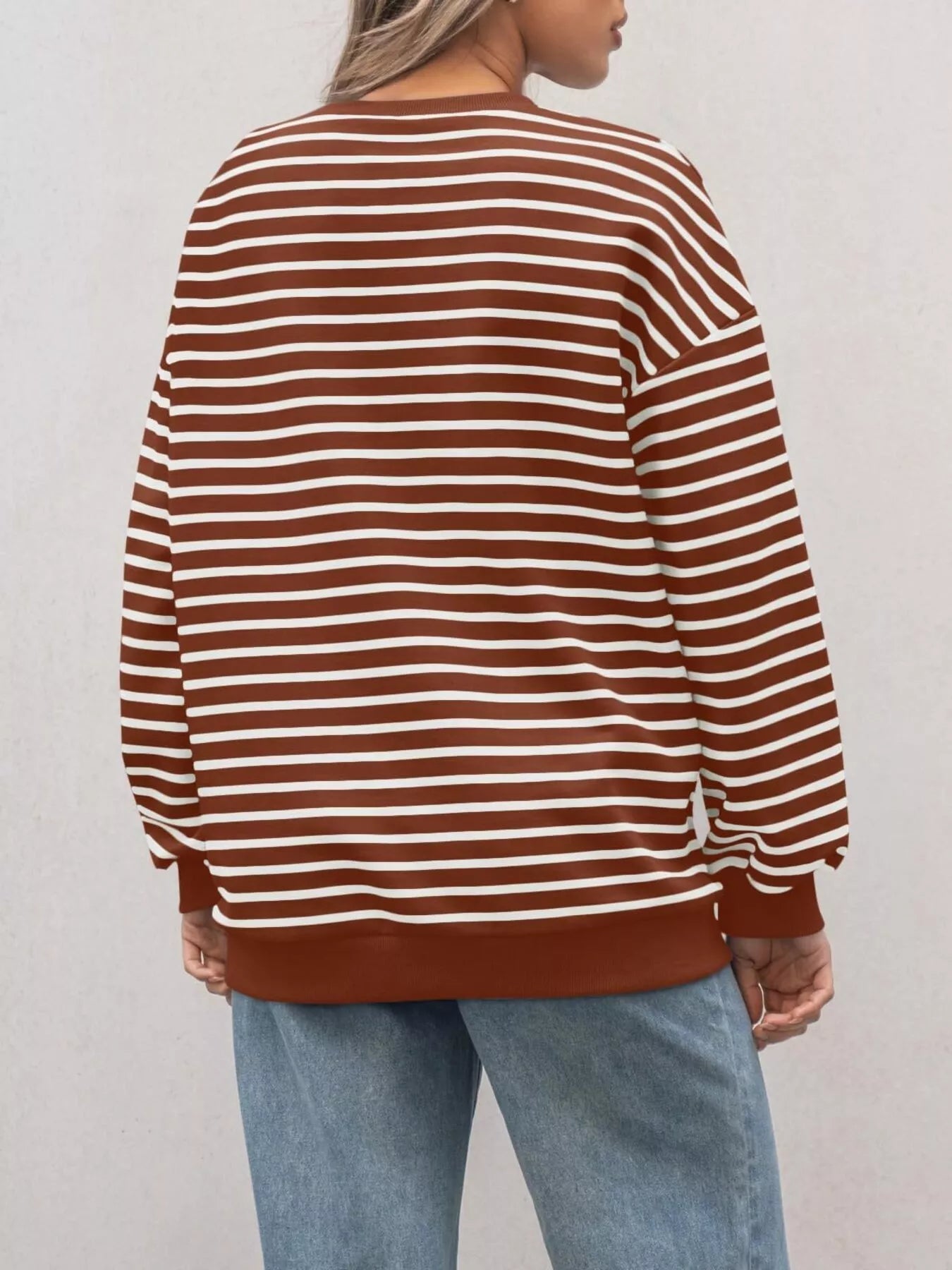 Striped Round Neck Oversized Casual Sweatshirt Trendsi