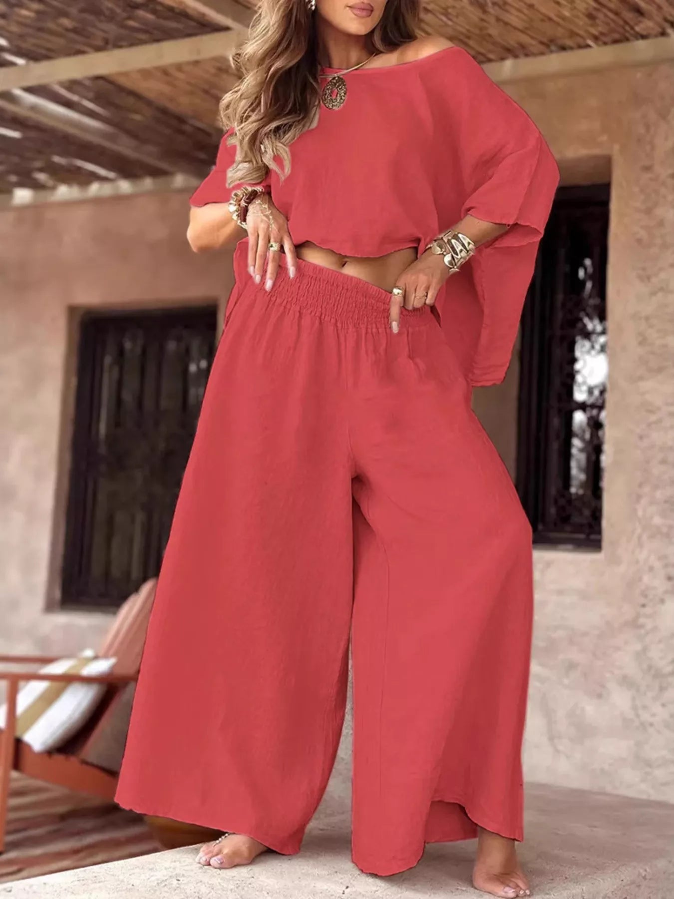 Full Size Boat Neck Top and Wide Leg Pants Set Plus Size Trendsi