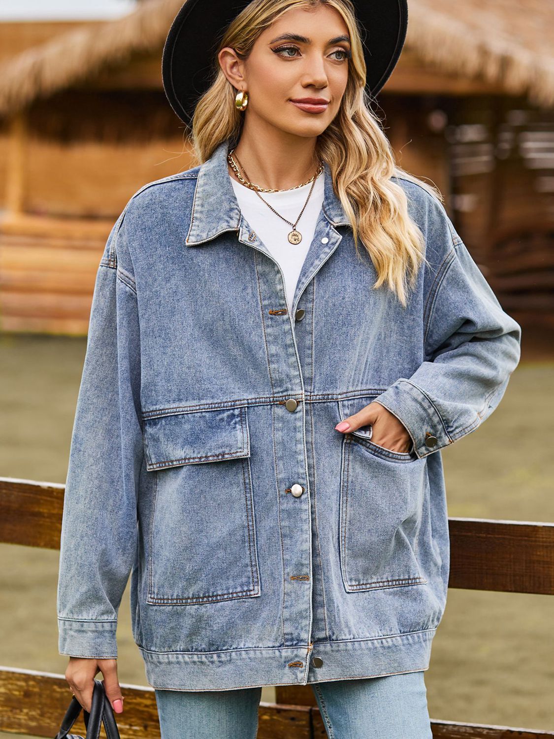 Dropped Shoulder Denim Jacket with Pockets nicholesgifts