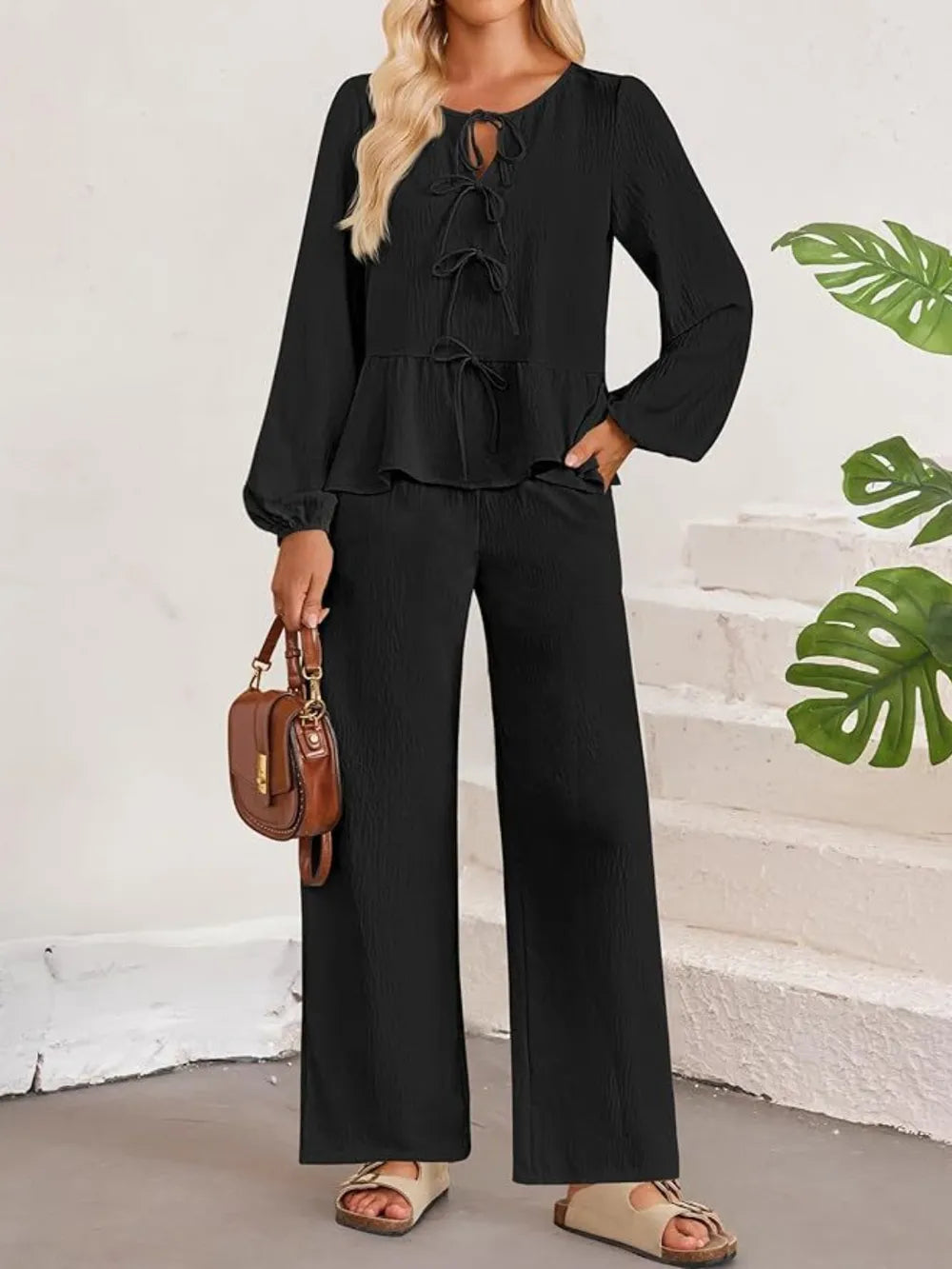 Tie Neck Balloon Sleeve Top and Pants Set nicholesgifts