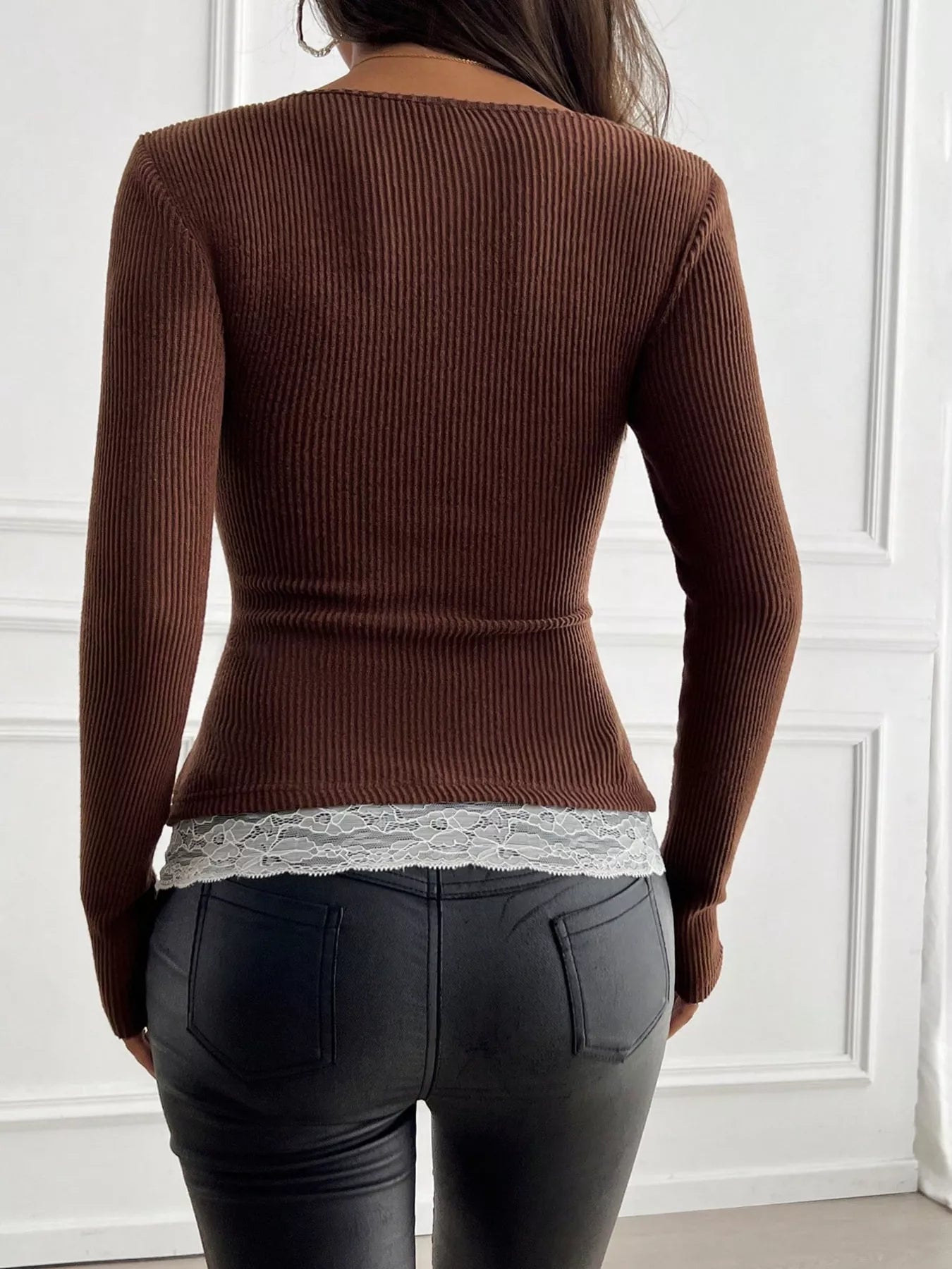Lace Detail Long Sleeve Ribbed Top Trendsi