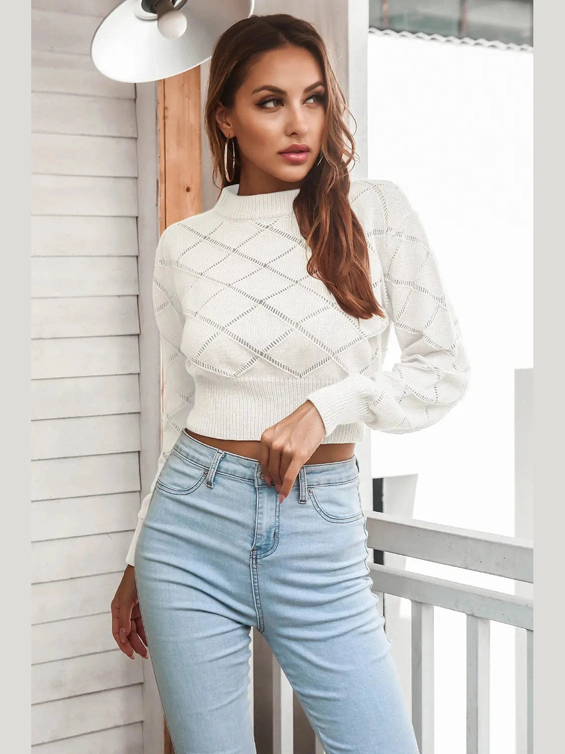 Openwork Plaid Round Neck Cropped Sweater Trendsi
