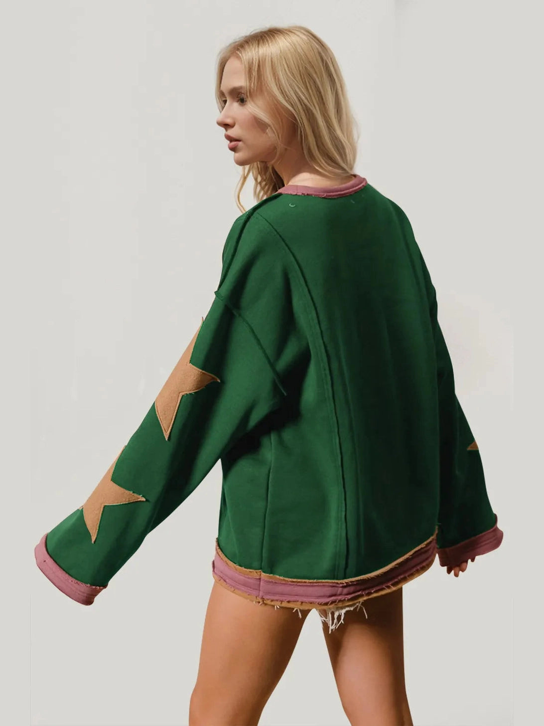 Double Take Star Patched Long Sleeve Sweatshirt Trendsi