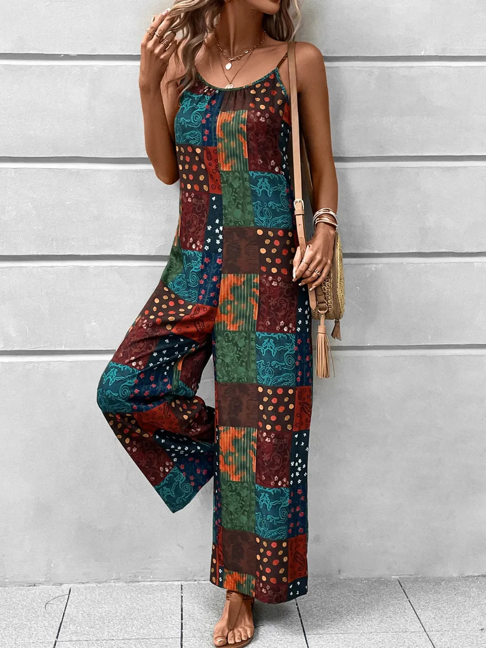 Printed Scoop Neck Spaghetti Strap Jumpsuit nicholesgifts