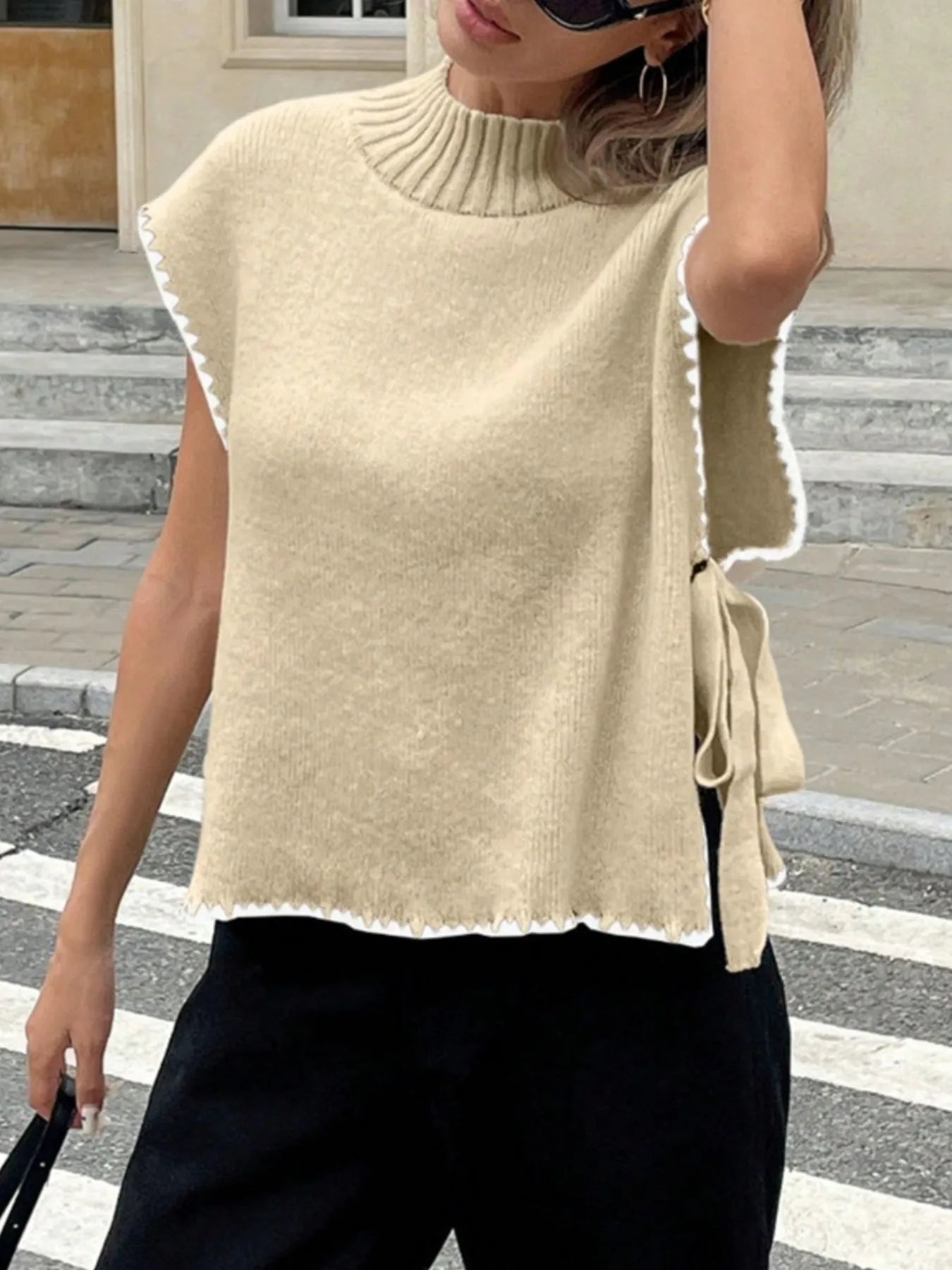 Ribbed Turtleneck Sweater Vest with Contrast Trim Trendsi