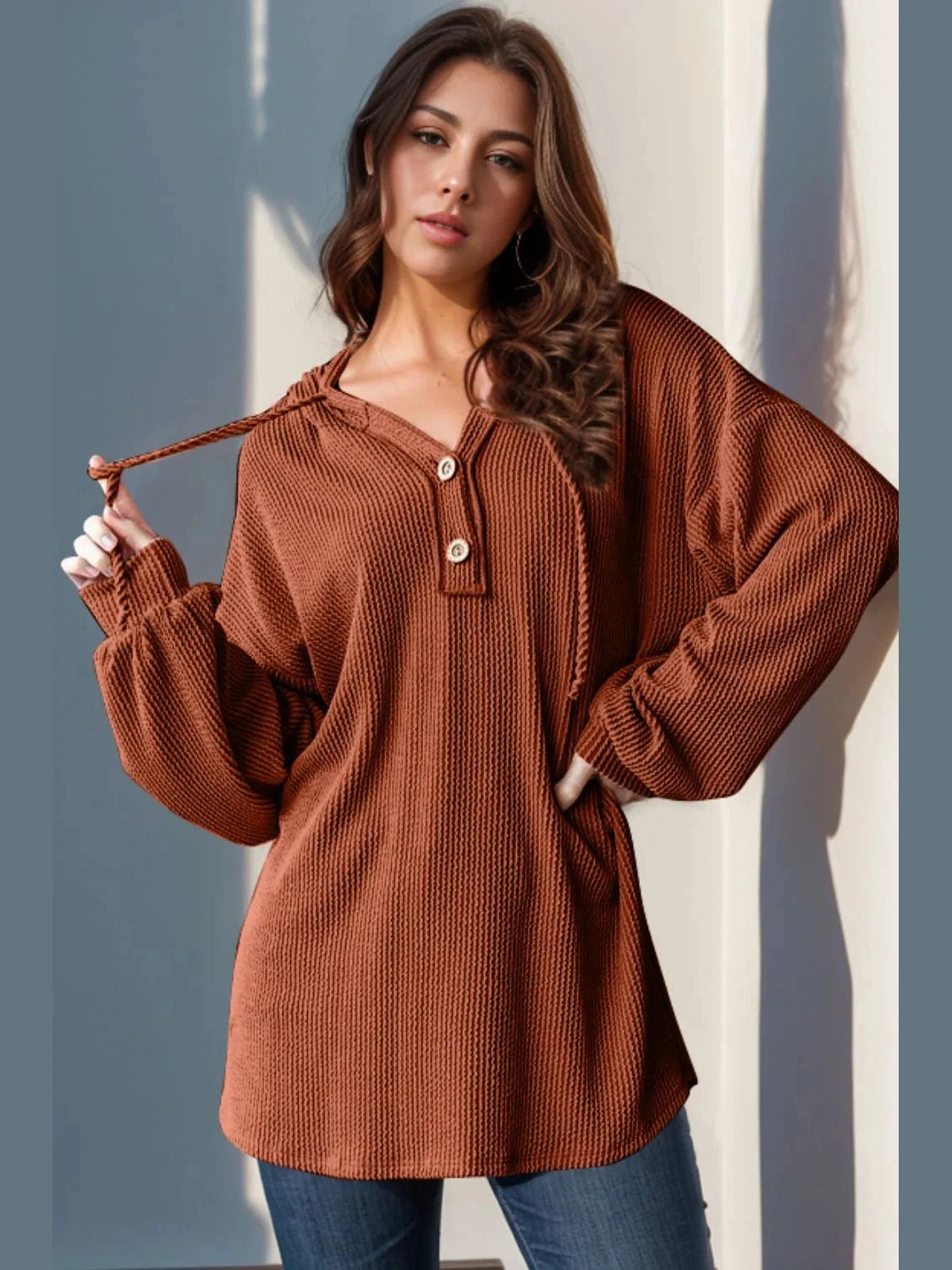 Double Take Full Size Half Button Long Sleeve Hoodie Trendsi