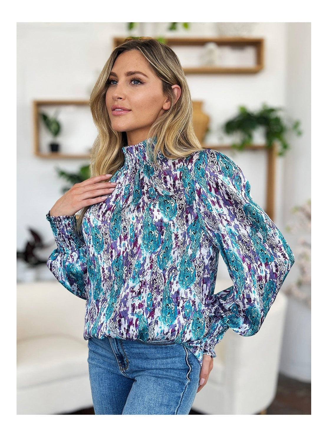 Women Double Take Full Size Printed Smocked Long Sleeve Blouse nicholesgifts