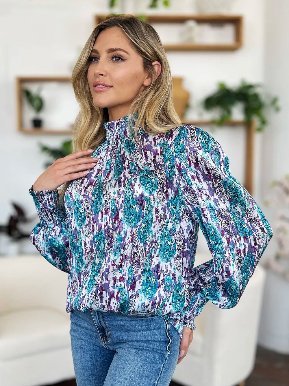 Double Take Full Size Printed Smocked Long Sleeve Blouse nicholesgifts