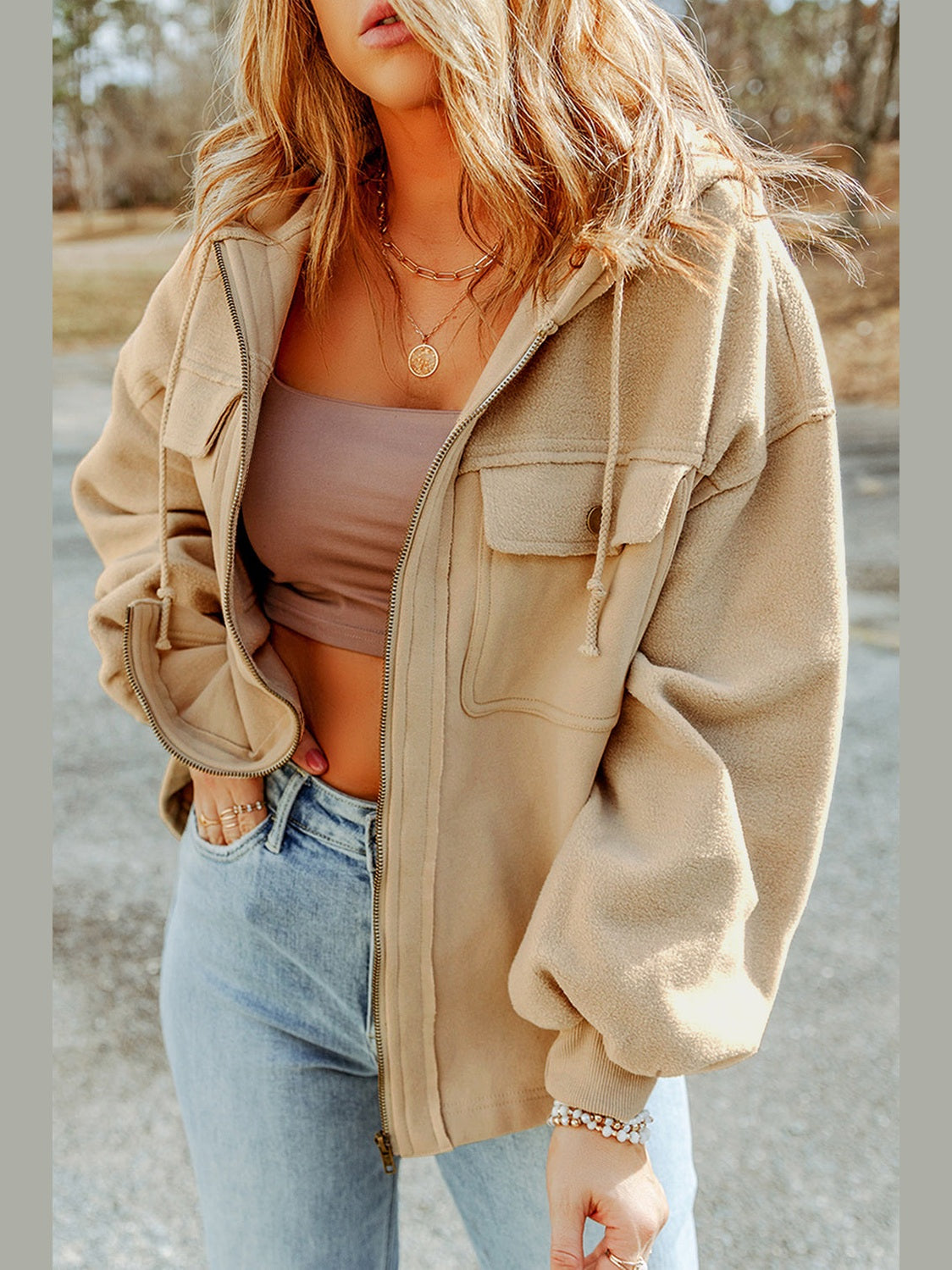 Zip-Up Drawstring Hooded Jacket nicholesgifts