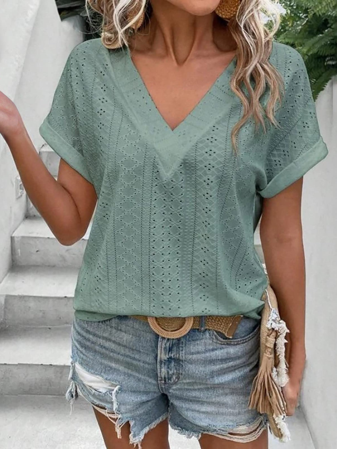 Eyelet V-Neck Short Sleeve Blouse nicholesgifts