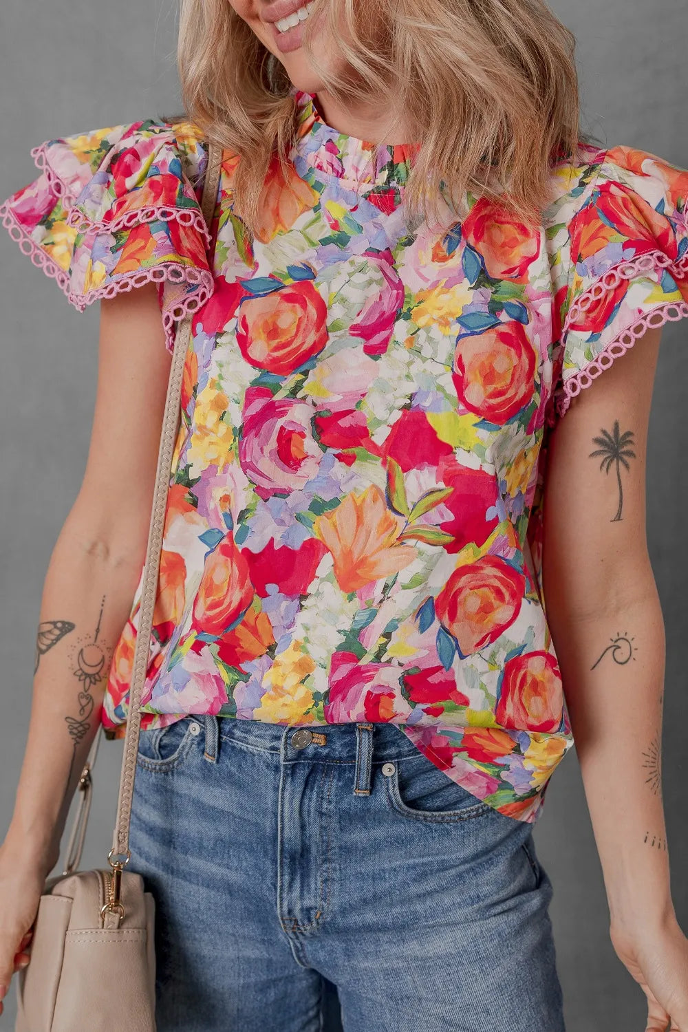 Lace Trim Ruffle Cap Sleeve Floral Blouse Trendsi
