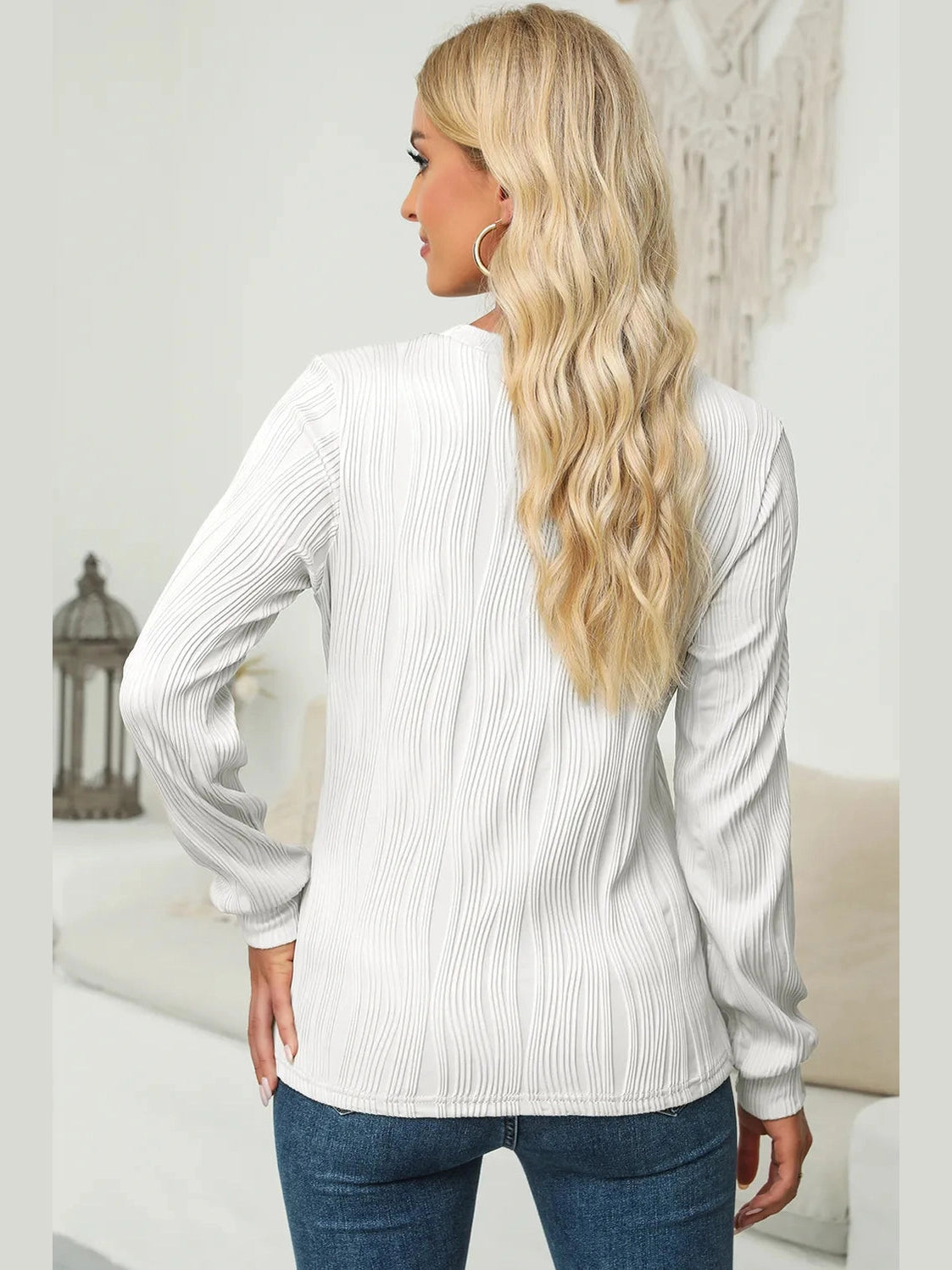 Textured Round Neck Long Sleeve Blouse NicholesGifts