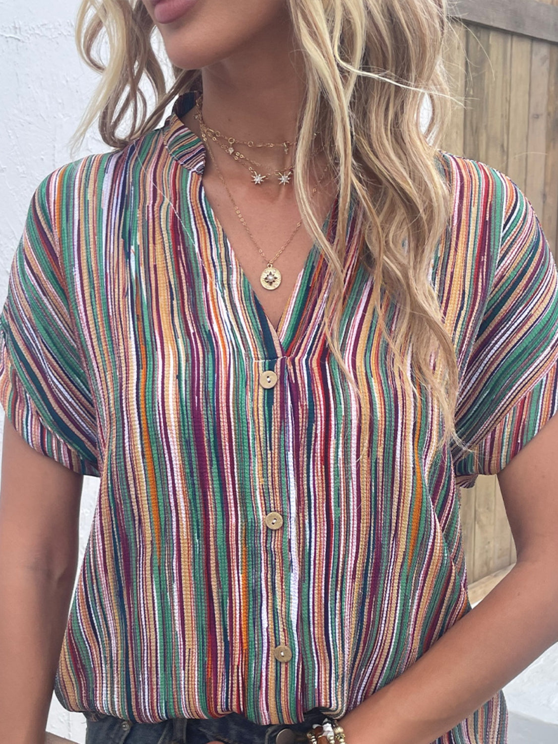 Striped Notched Short Sleeve Blouse nicholesgifts