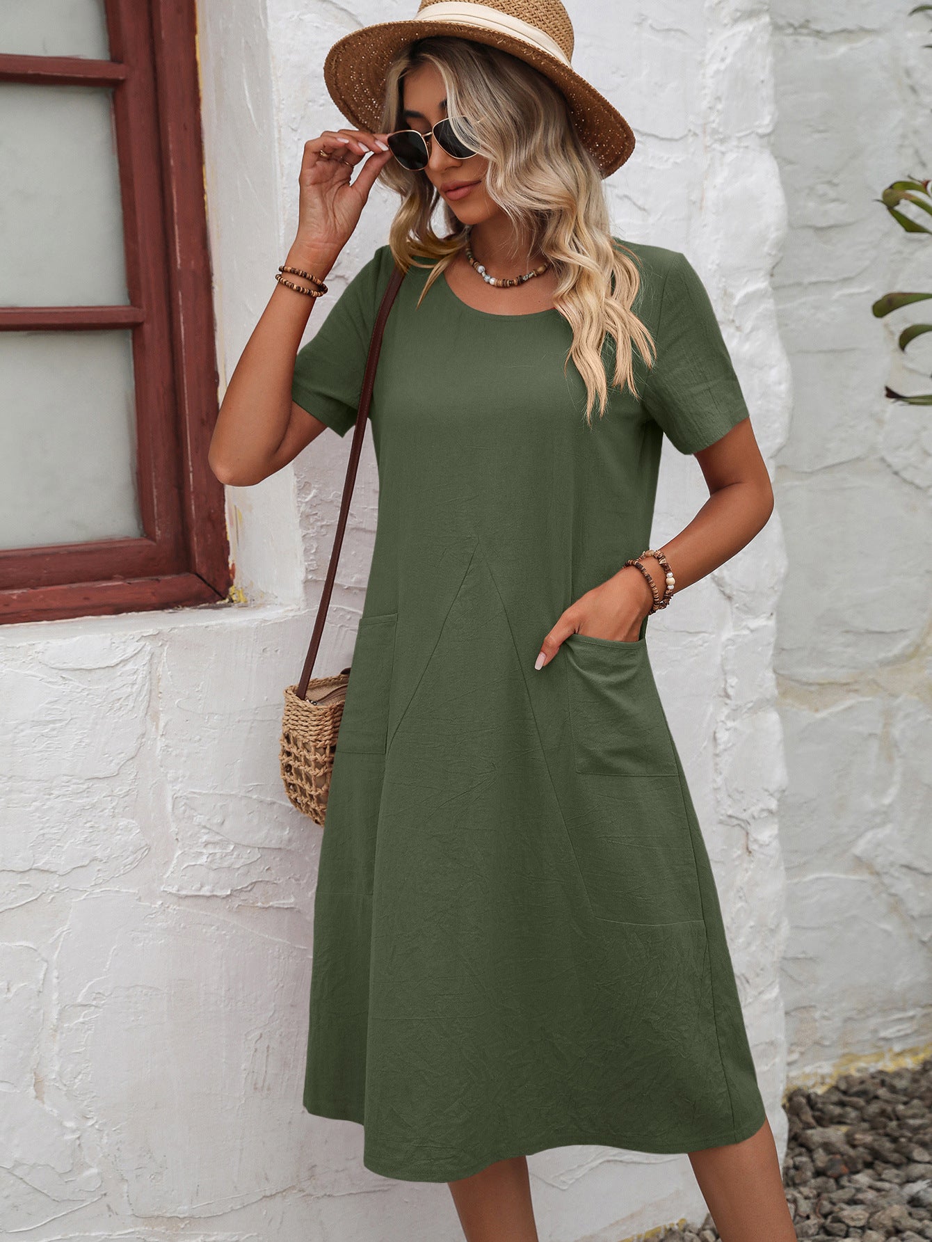 Ivy Lane Round Neck Short Sleeve Dress with Pockets Trendsi