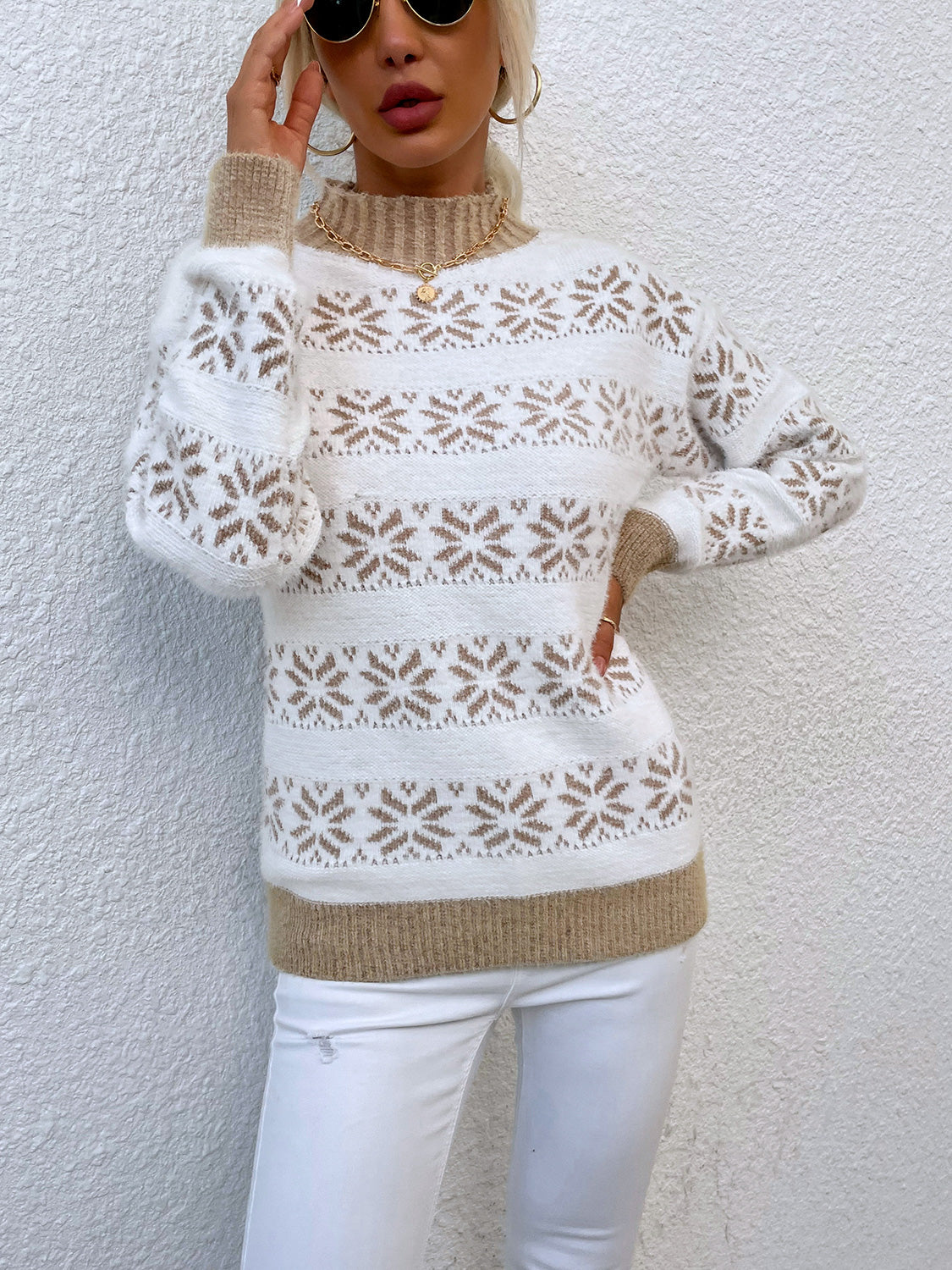 Snowflake Pattern Mock Neck Sweater nicholesgifts