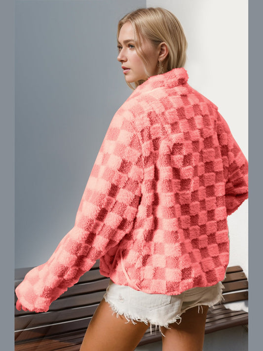NicholesGifts Women Double Take Checkered Long Sleeve Fuzzy Jacket