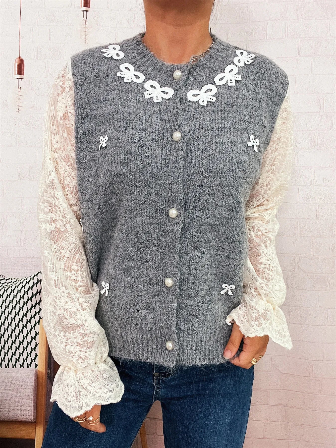 Lace Sleeve Button-Up Cardigan