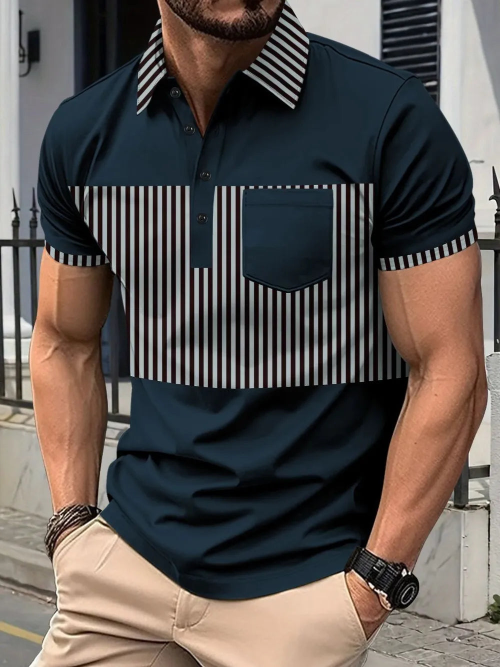 Men's Full Size Collared Contrast Striped Polo Plus Size NicholesGifts