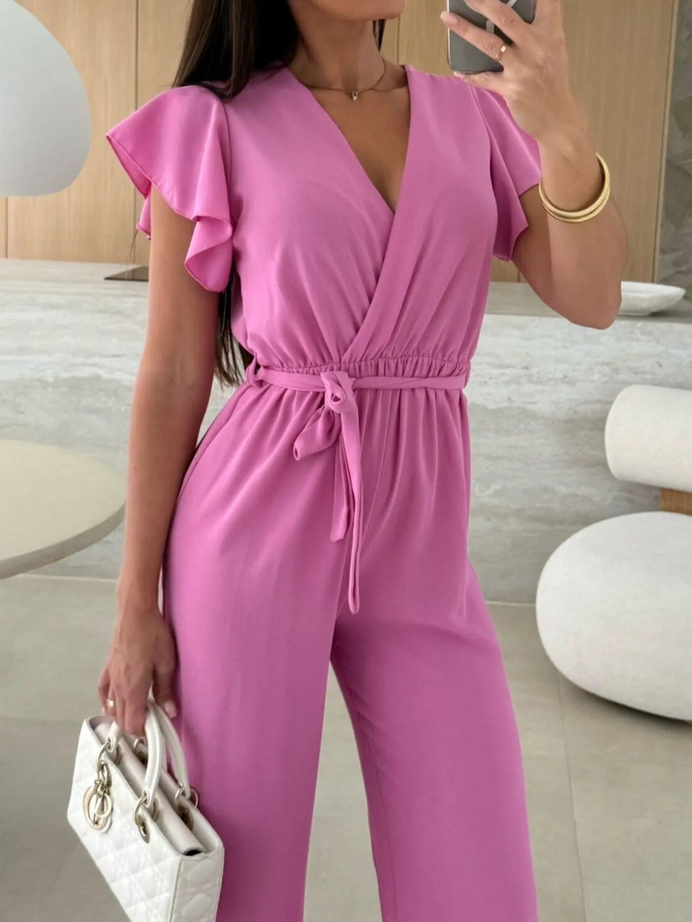 Surplice Wide Leg Belted Jumpsuit nicholesgifts