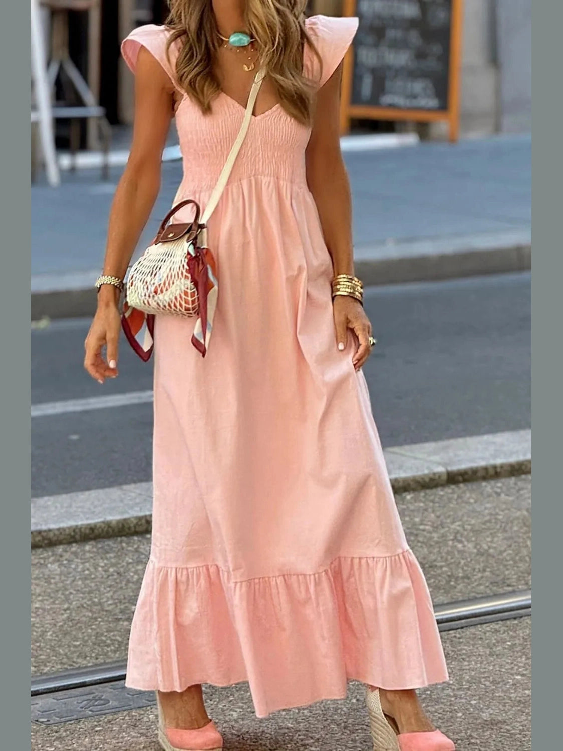 V Neck Ruffled Cap Sleeve Smocked Maxi Dress NicholesGifts