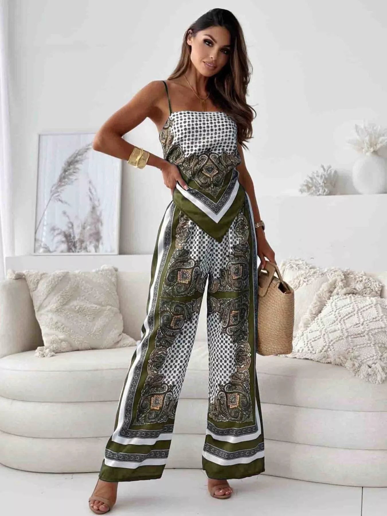 Tie Back Printed Cami and Pants Set Trendsi
