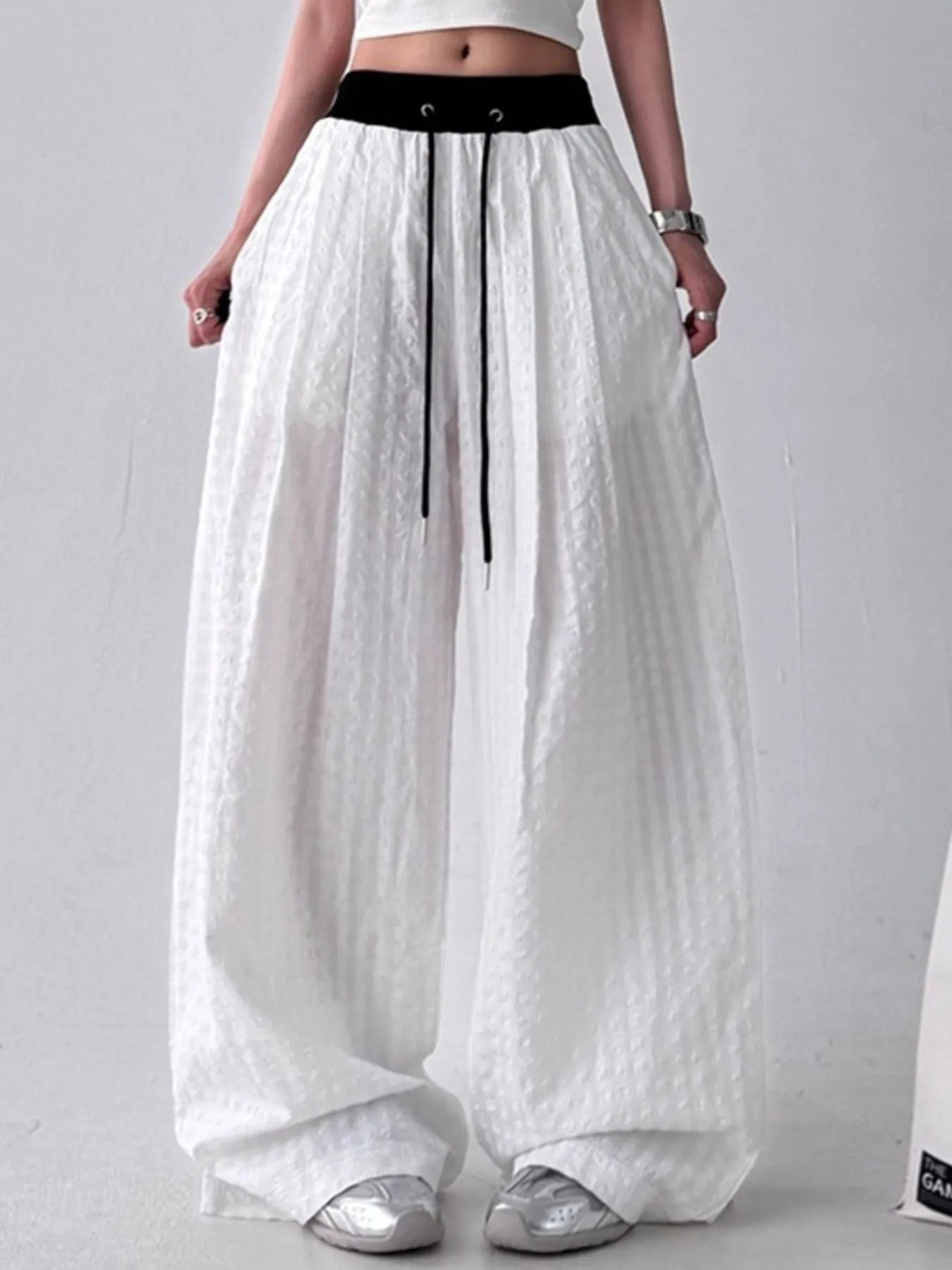 Gingham Wide Leg Drawstring Pants Trendsi