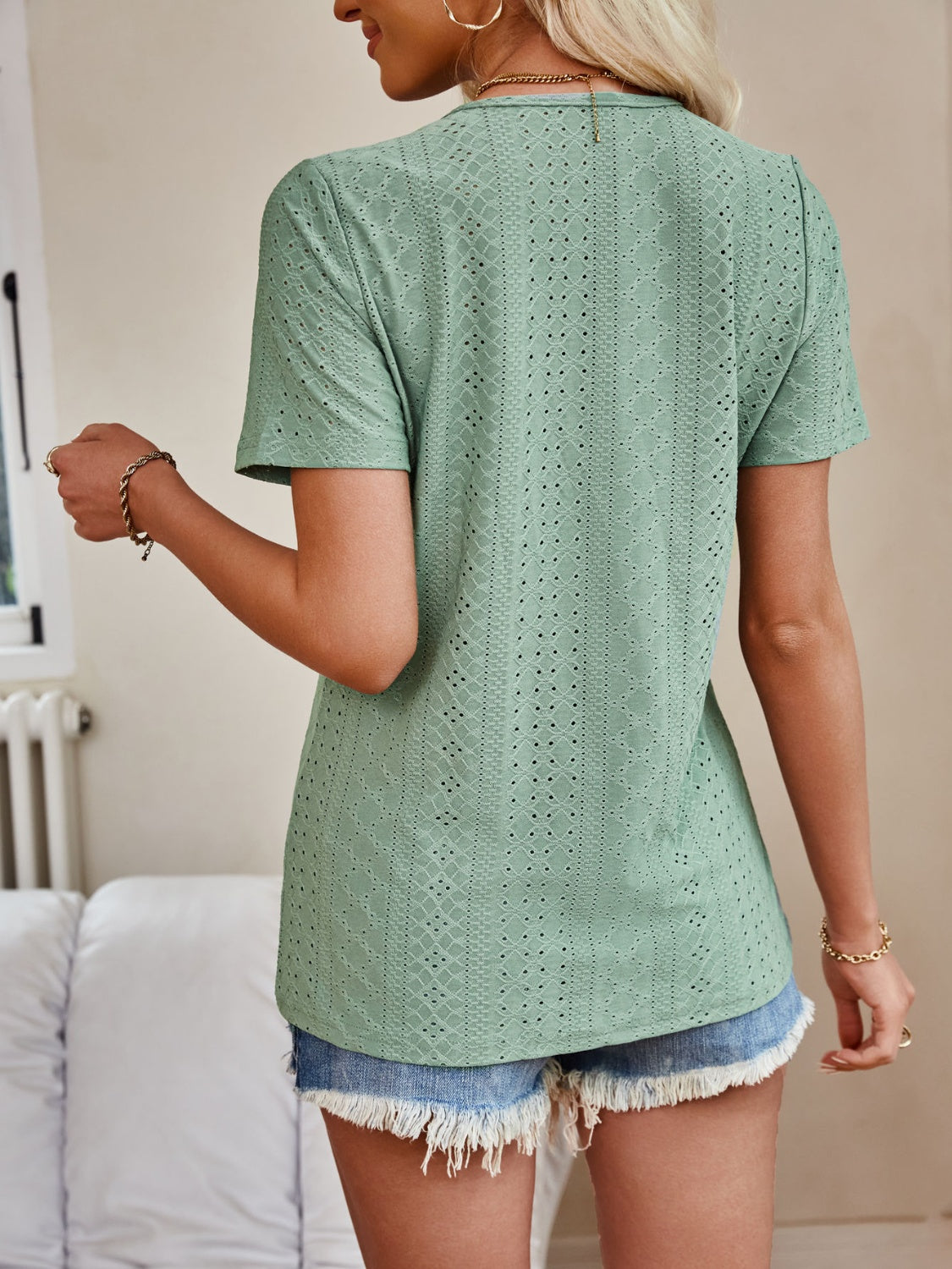 Eyelet V-Neck Short Sleeve Top nicholesgifts