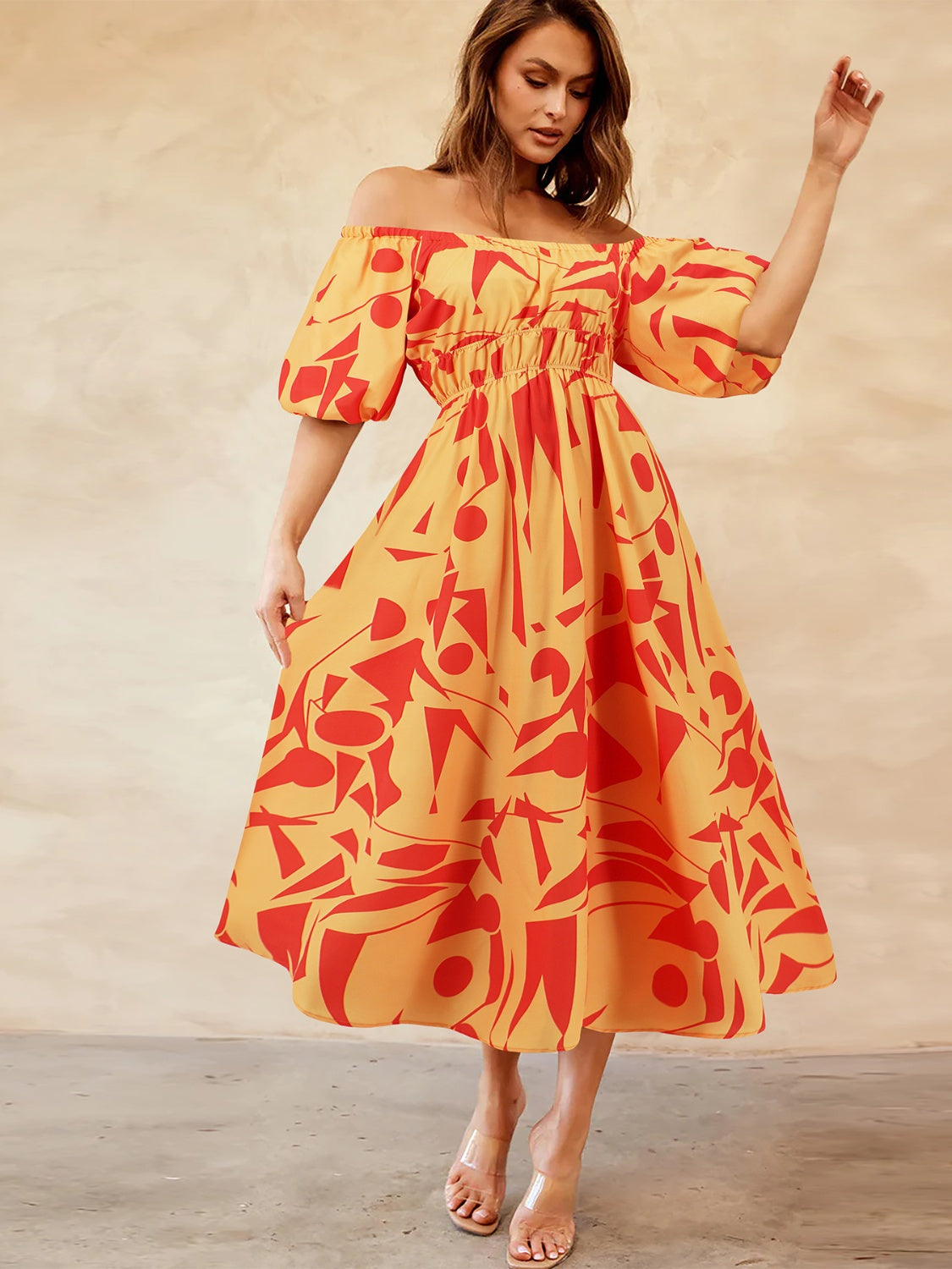 Printed Off-Shoulder Balloon Sleeve Dress nicholesgifts