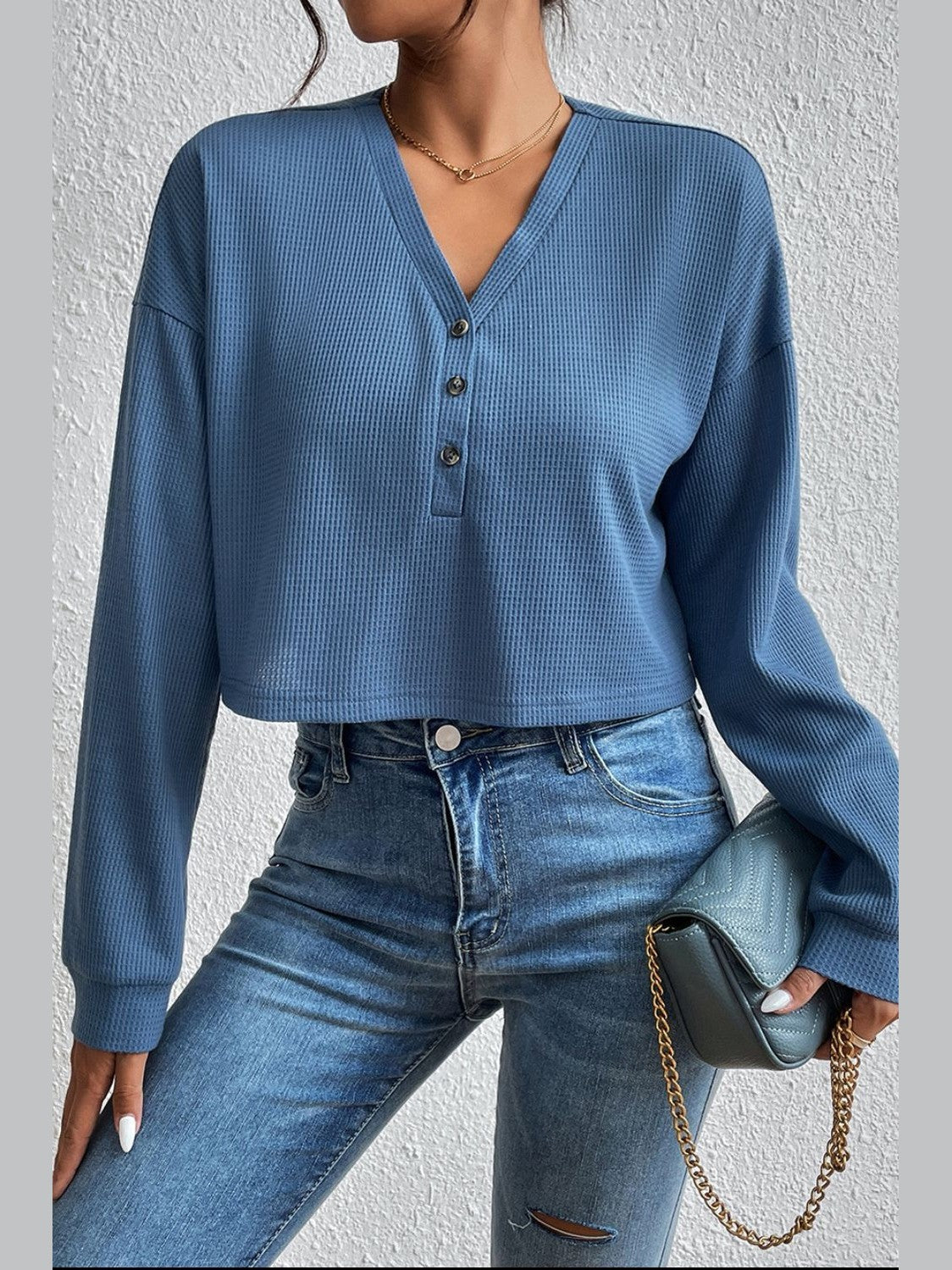 Ivy Lane Cropped V-Neck Raglan Sleeve Buttoned Blouse
