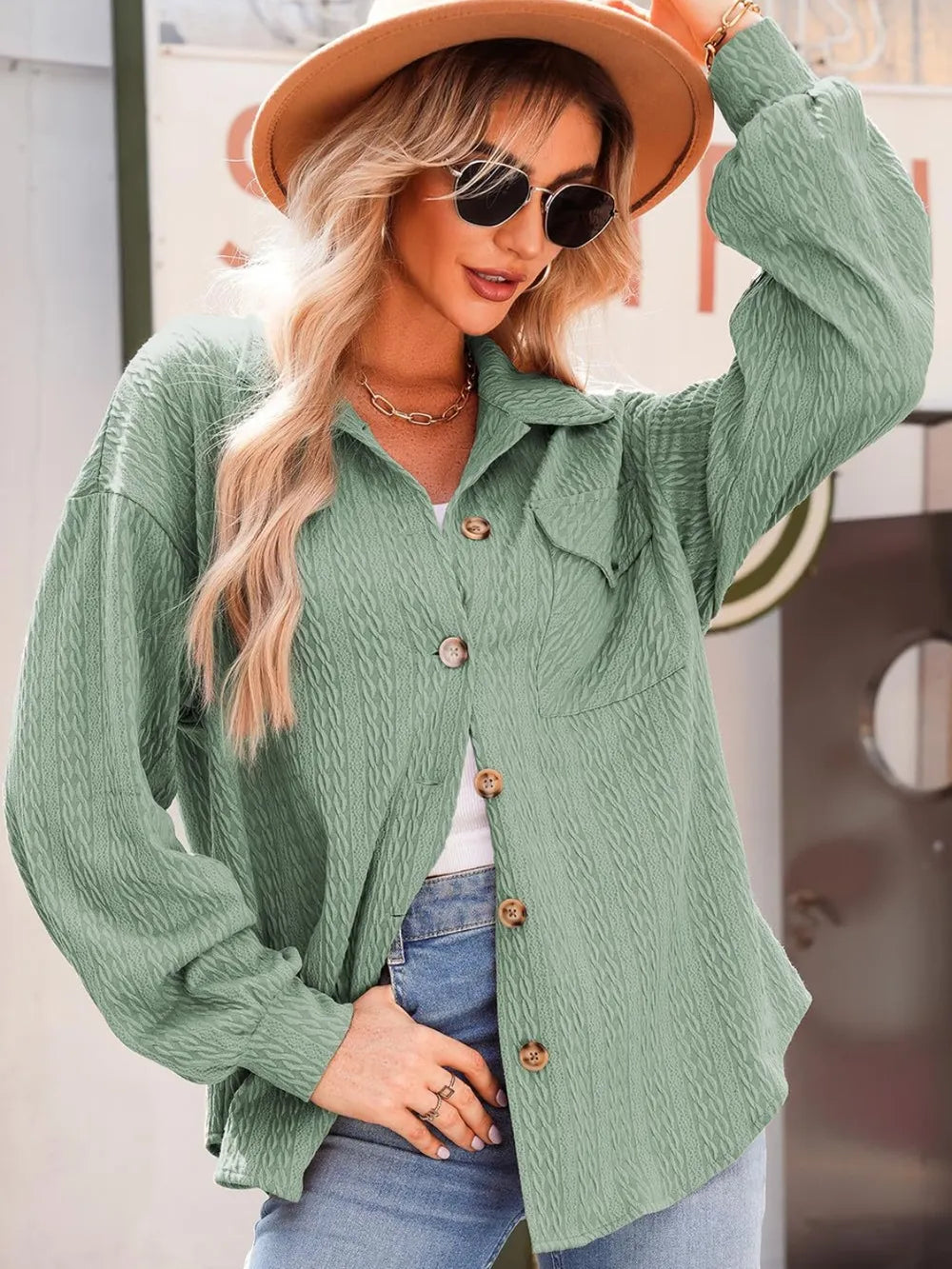 Textured Button Up Long Sleeve Shacket nicholesgifts