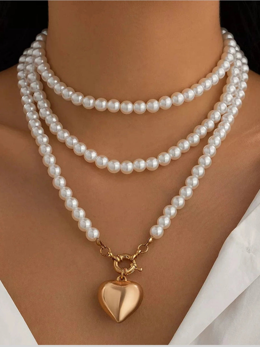 Women Pearl Chain Heart Necklace nicholesgifts