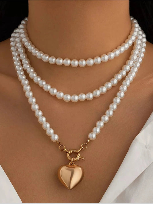 Women Pearl Chain Heart Necklace nicholesgifts