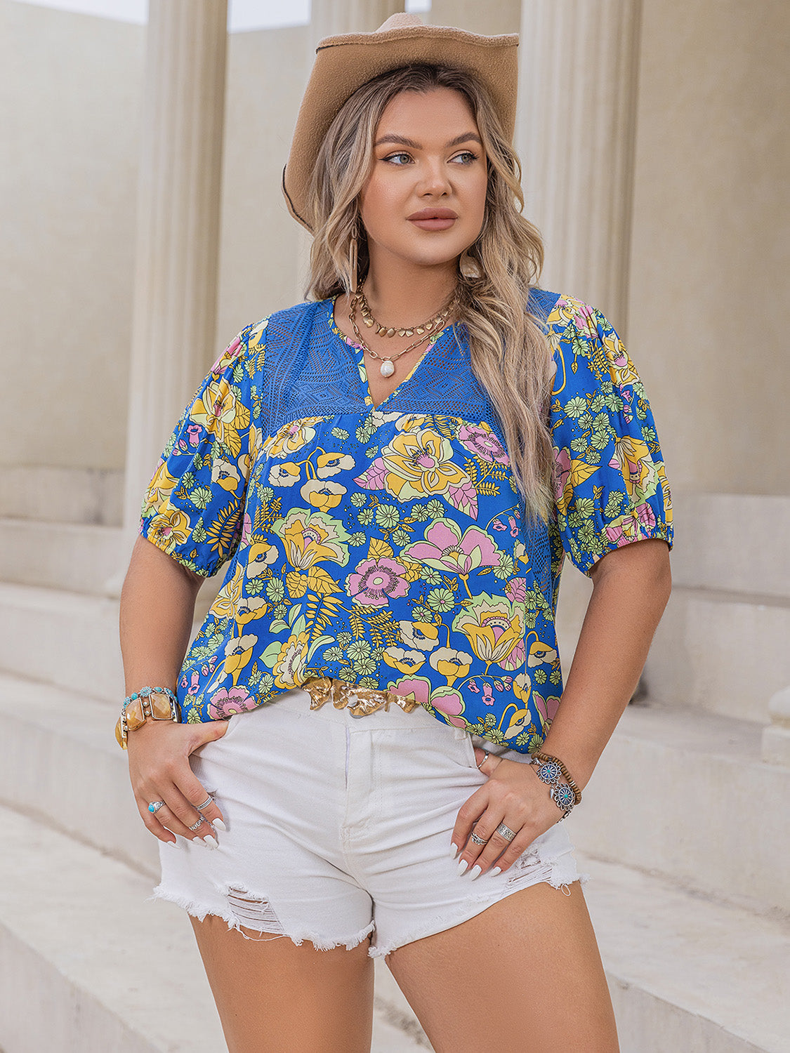 Plus Size Printed Notched Short Sleeve Blouse nicholesgifts